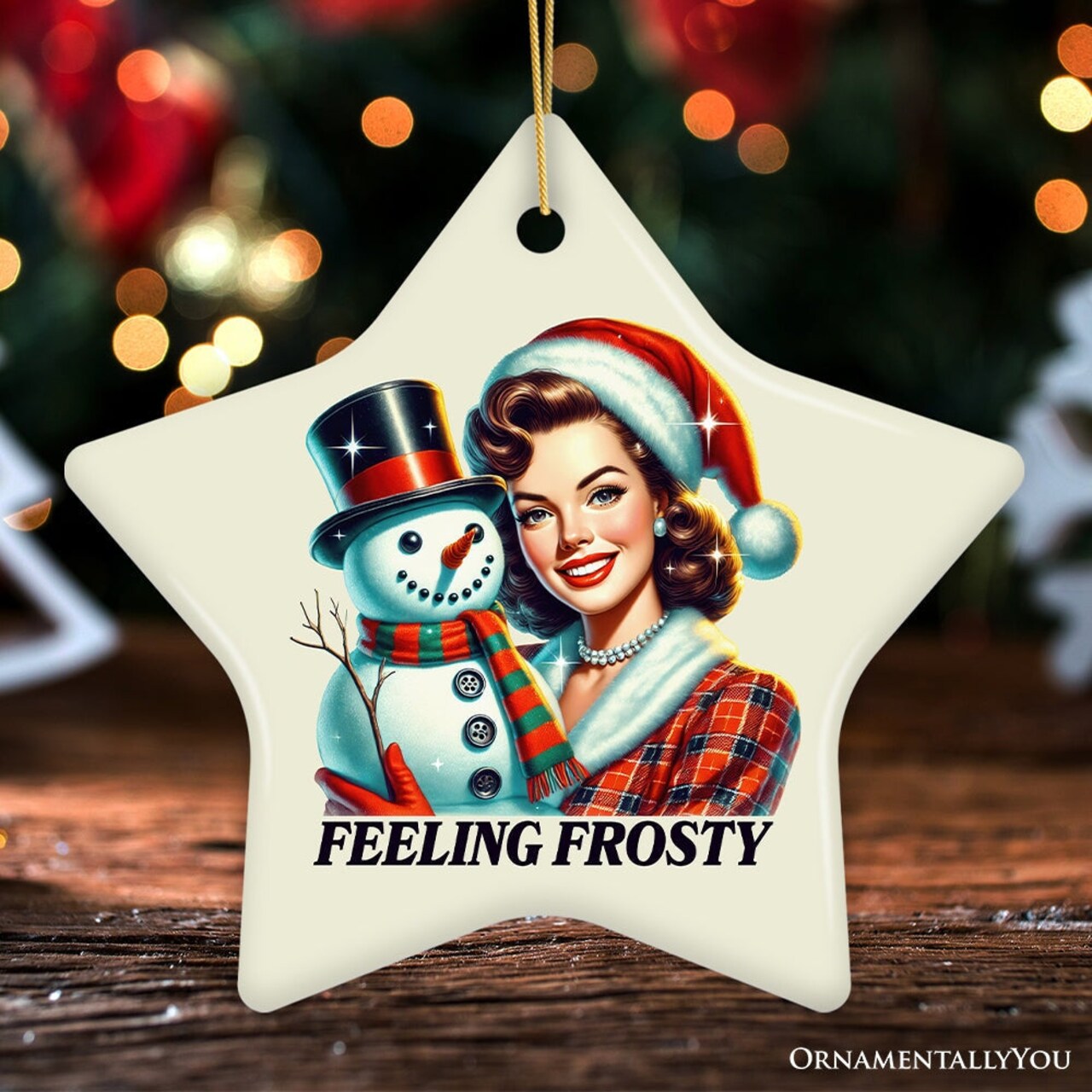 Feeling Frosty Ornament, Vintage Glamorous Christmas Lady and Snowman Decor